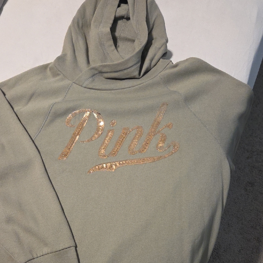 PINK Victoria's Secret Hoodie in Olive with Gold Logo